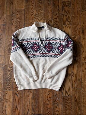 Izod Cream Zip-Up Fair Isle Sweater with Red & Navy Accents